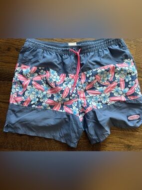Vineyard Vines Navy Floral Surfboard Swim Trunks with Pink Accents